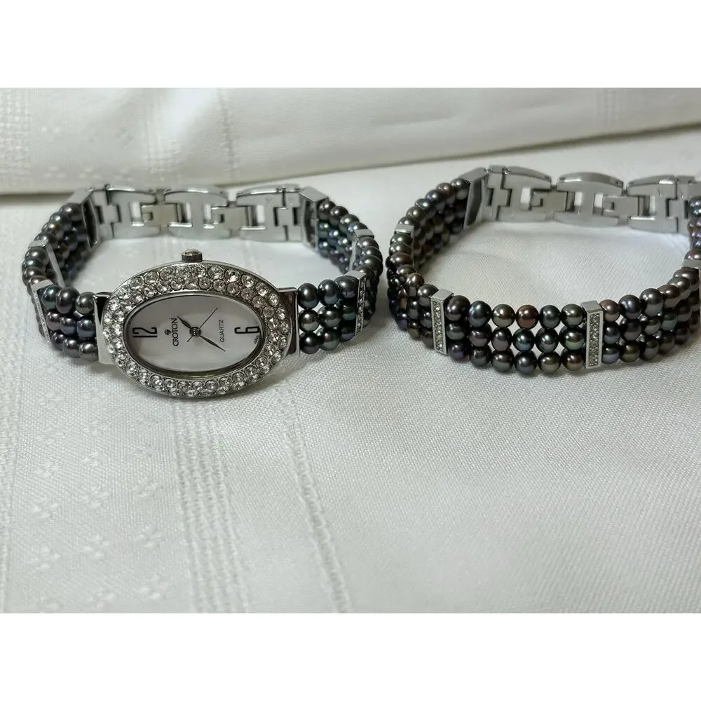 Croton Women's Mother of Pearl Watch & Bracelet Set Crystal Halo Tahitian Pearl